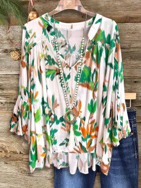 Abstract Leaf Print Ruffled Blouse