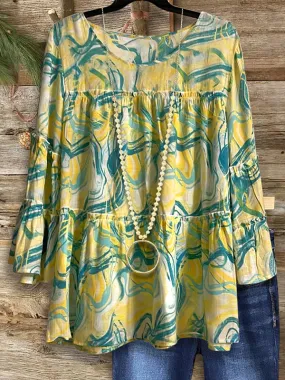 Abstract Print Layered Ruffle Blouse