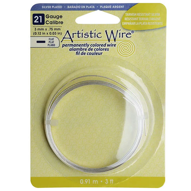 Artistic Wire, Flat Craft Wire 3mm 21 Gauge Thick, 3 Foot Coil, Tarnish Resistant Silver