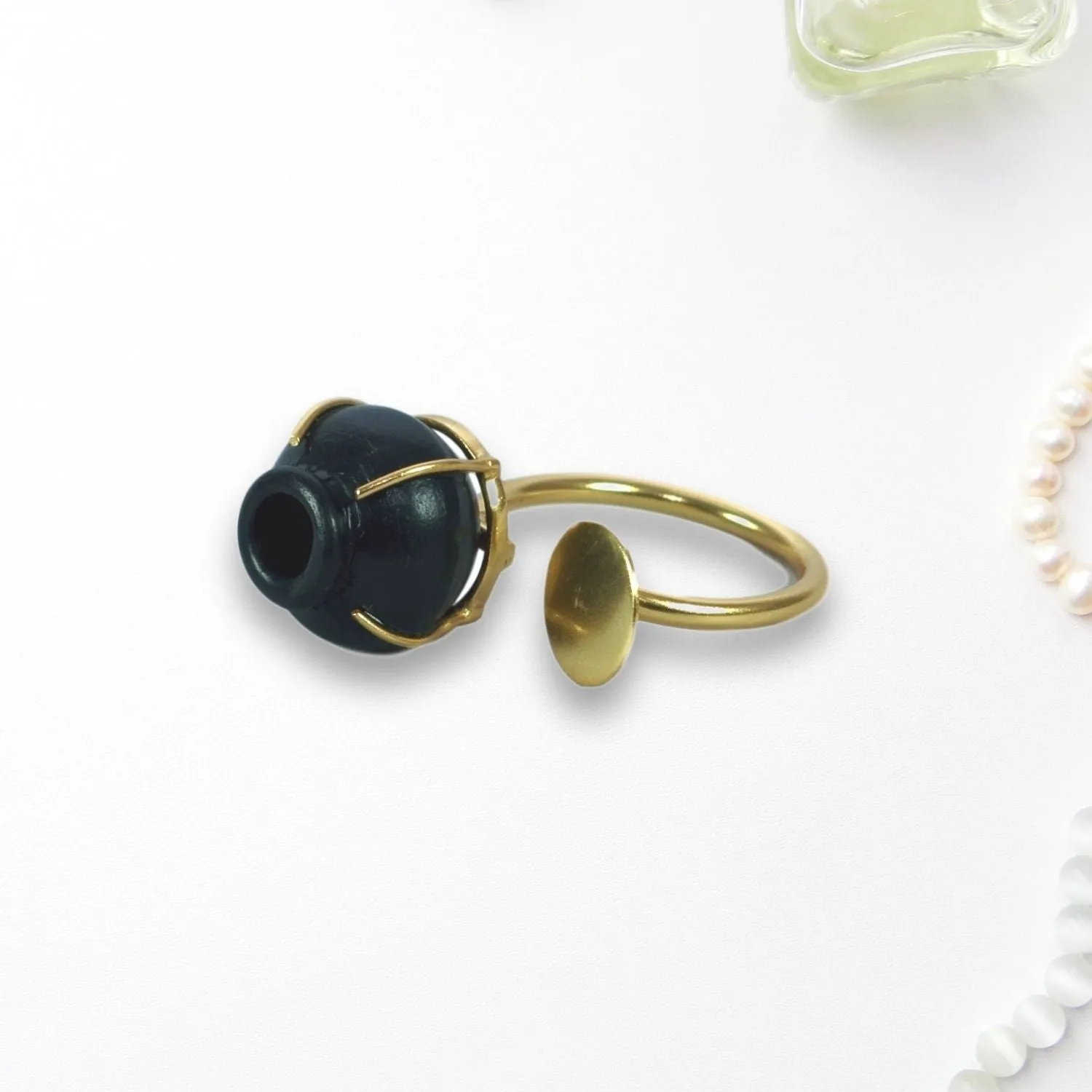 Bespoke Ring | Artistic Design | 22kt Gold Plated | Hand Crafted | Black Pottery