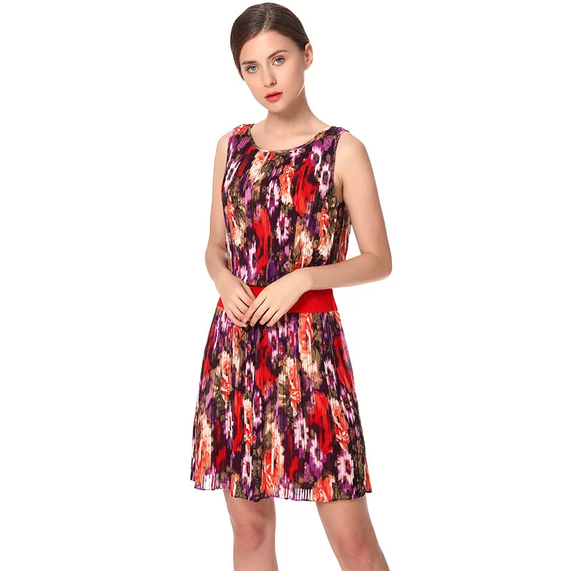 D040 Women floral print boat neck sleeveless pleated mini party dress