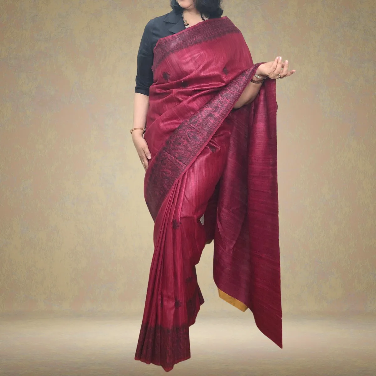 Dark Magenta Tussar Ghicha Silk Saree | Painted In Madhubani Art | Graceful
