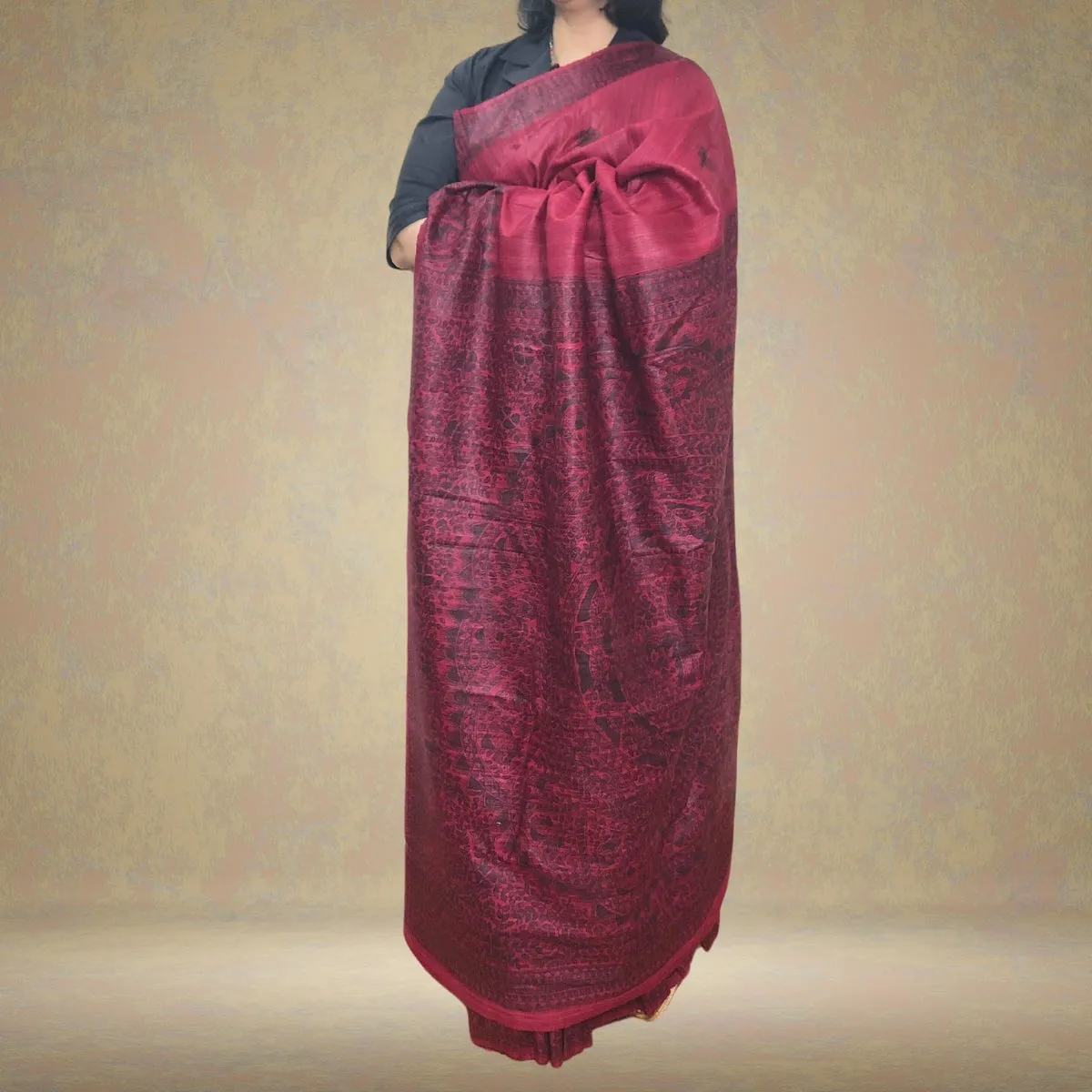 Dark Magenta Tussar Ghicha Silk Saree | Painted In Madhubani Art | Graceful