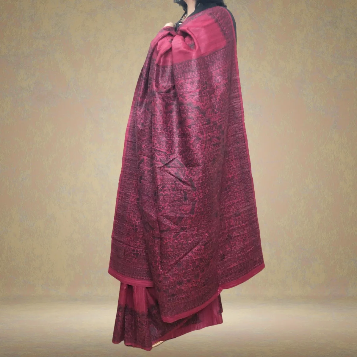 Dark Magenta Tussar Ghicha Silk Saree | Painted In Madhubani Art | Graceful
