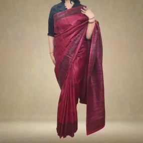 Dark Magenta Tussar Ghicha Silk Saree | Painted In Madhubani Art | Graceful