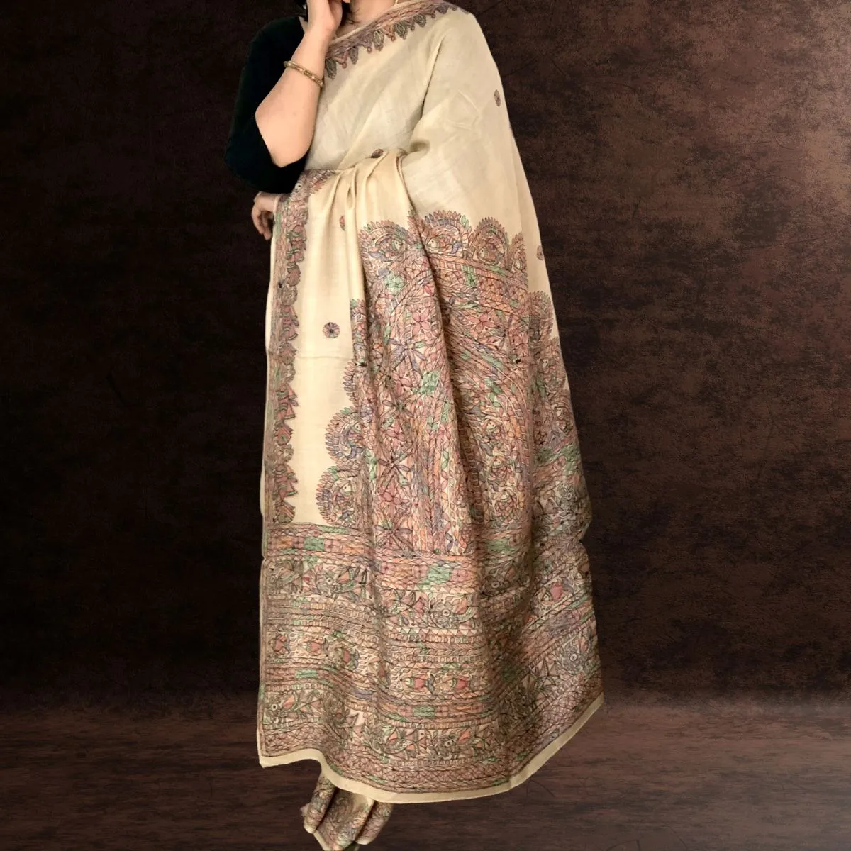 Ivory Tussar Munga Silk Saree | Madhubani Painted | Festive & Formal Saree | Graceful