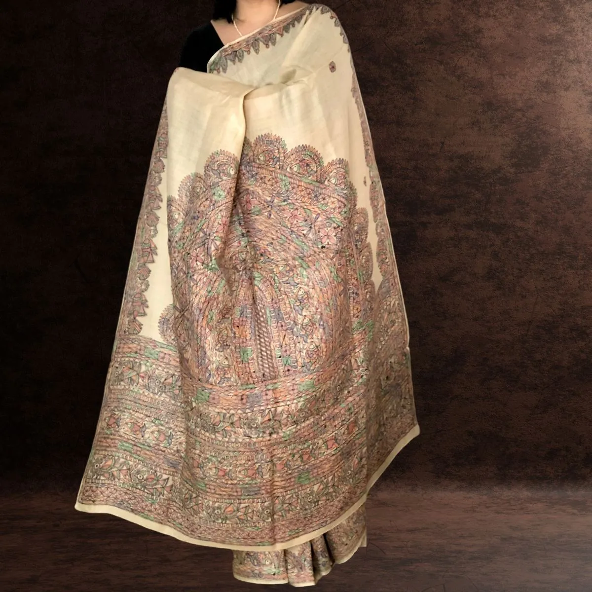 Ivory Tussar Munga Silk Saree | Madhubani Painted | Festive & Formal Saree | Graceful