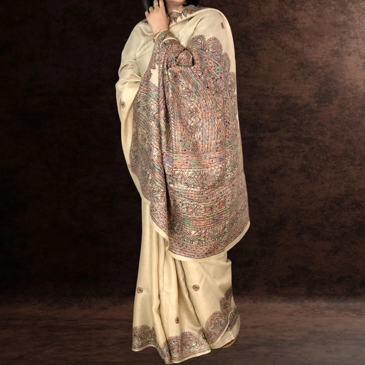 Ivory Tussar Munga Silk Saree | Madhubani Painted | Festive & Formal Saree | Graceful