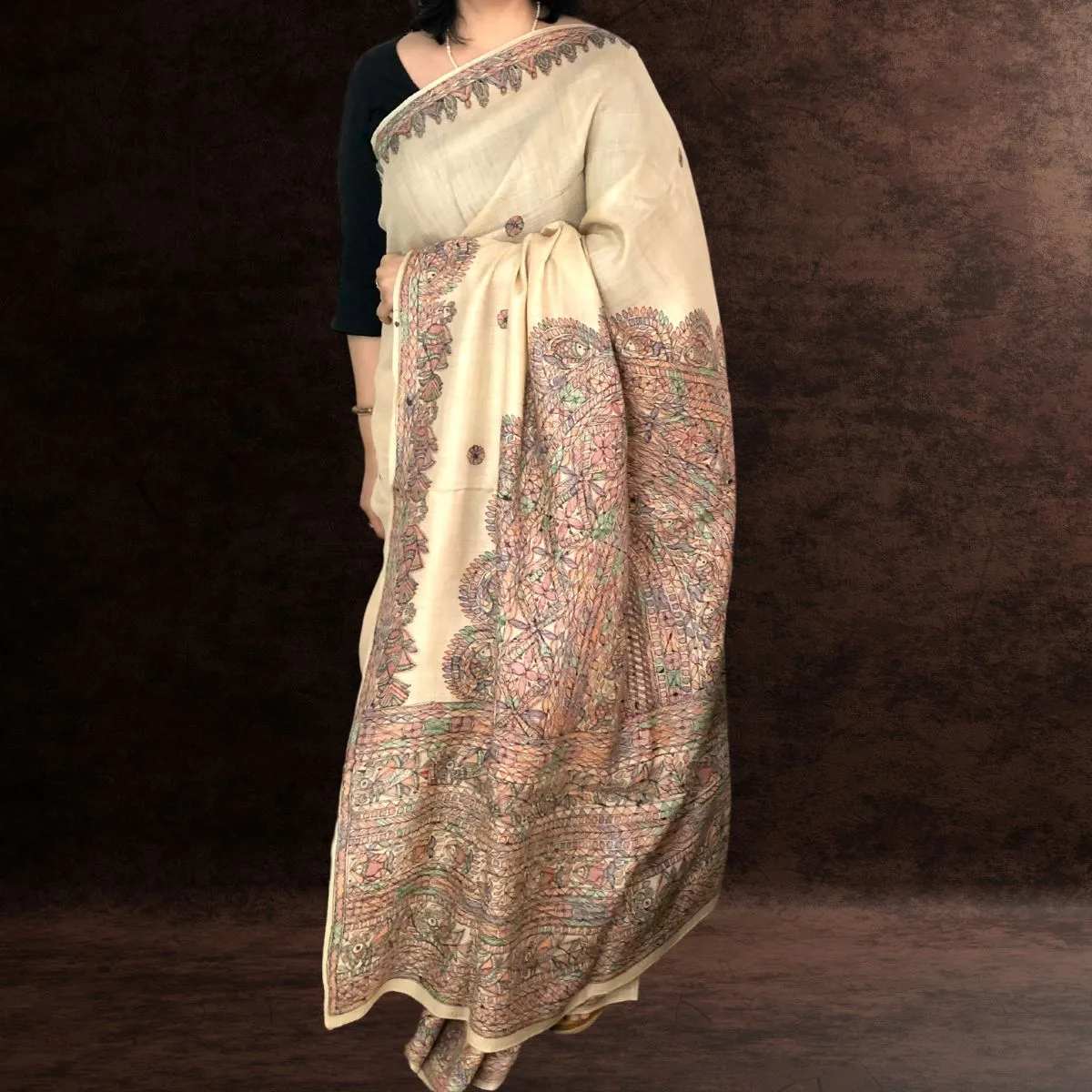 Ivory Tussar Munga Silk Saree | Madhubani Painted | Festive & Formal Saree | Graceful