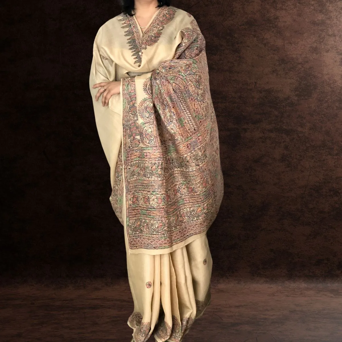 Ivory Tussar Munga Silk Saree | Madhubani Painted | Festive & Formal Saree | Graceful