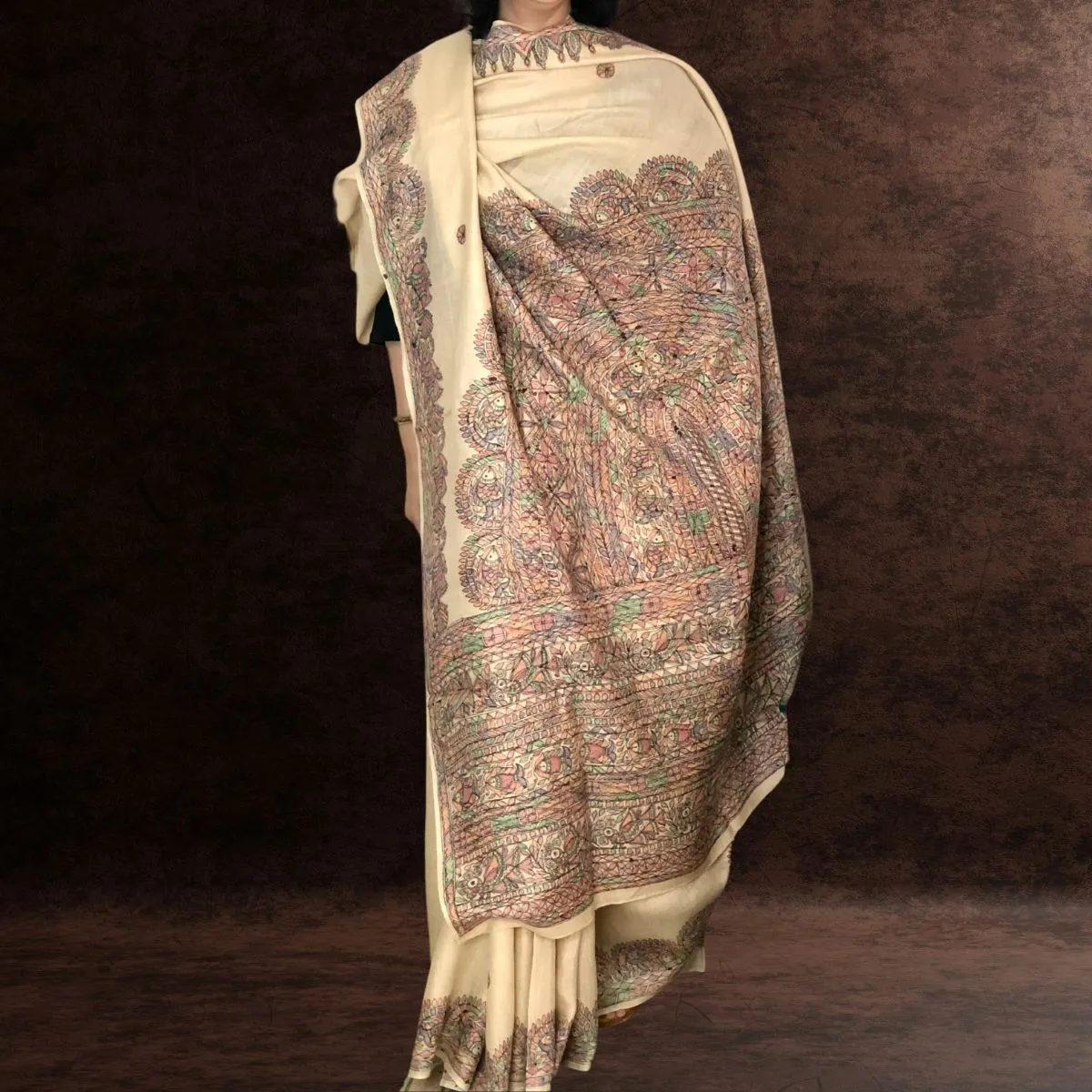Ivory Tussar Munga Silk Saree | Madhubani Painted | Festive & Formal Saree | Graceful