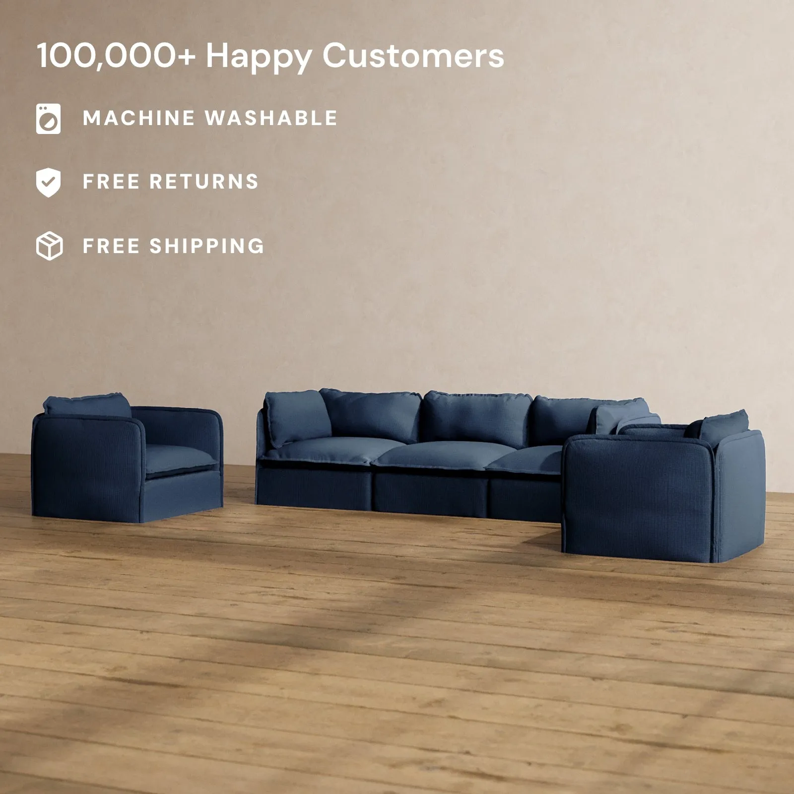 Modular Washable 3-Seater Sofa   Armchair Set in Sumi | Deluxe  Seat | Contour Pillow