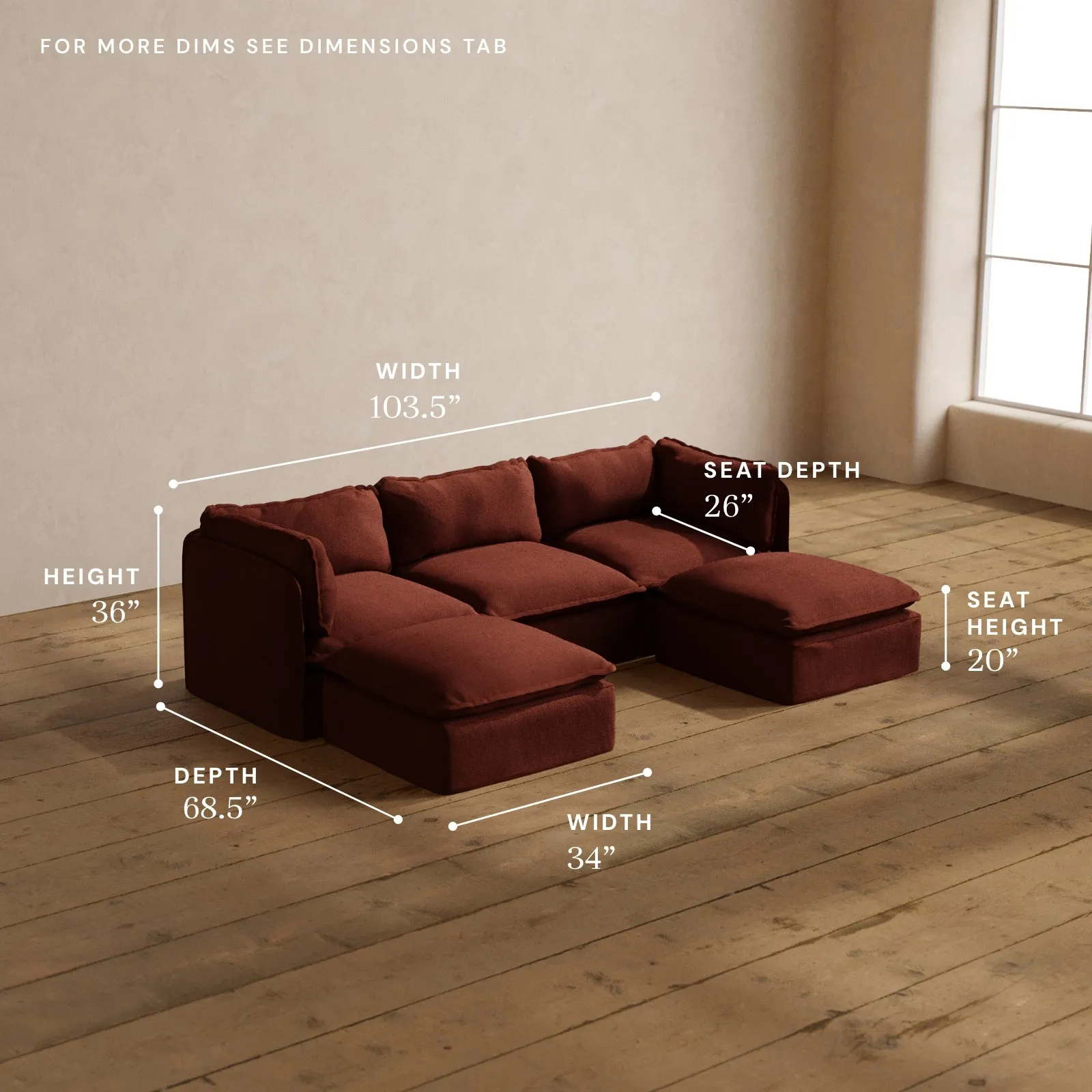 Modular Washable 3-Seater U-Sectional in Rust | Deluxe  Seat | Cloud Pillow