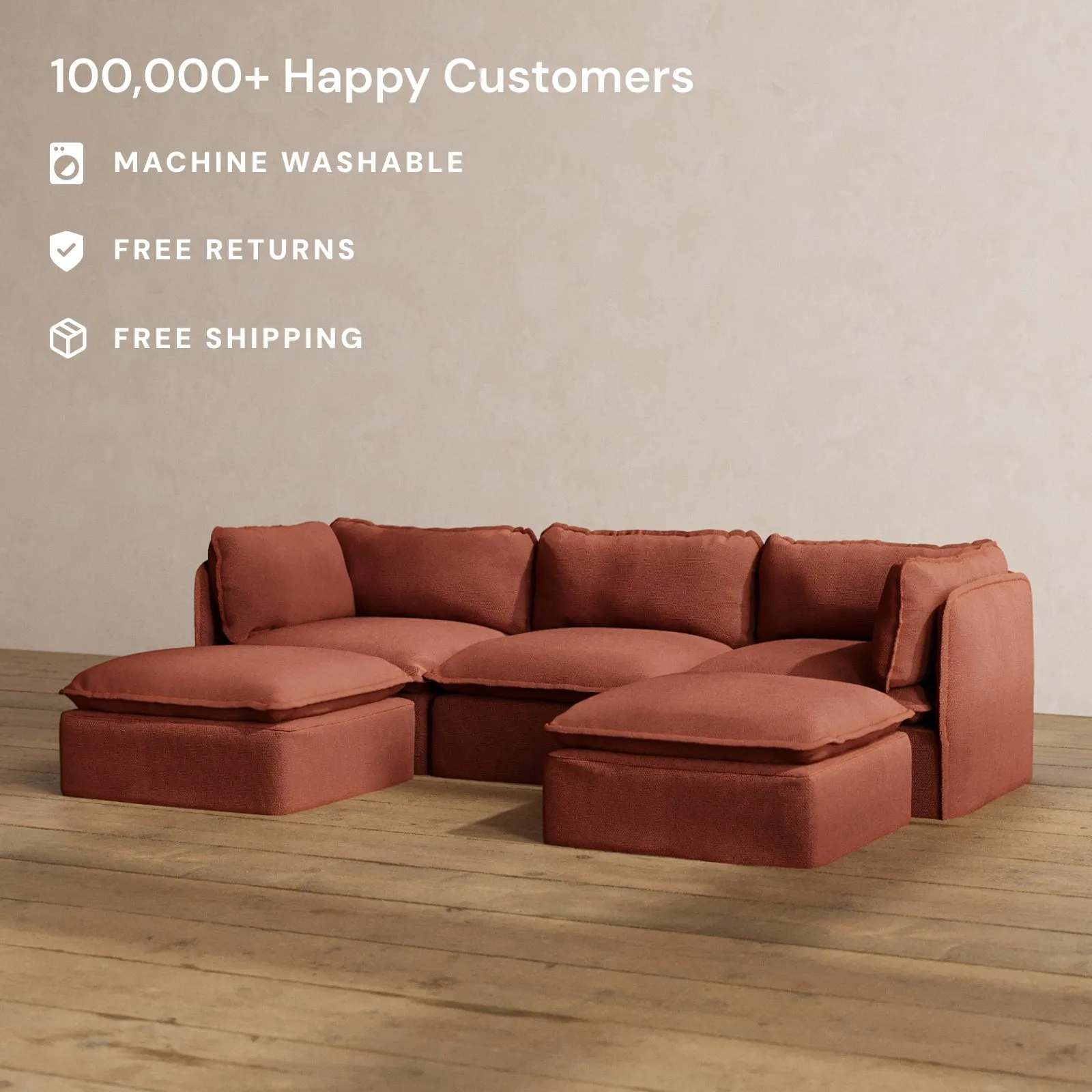 Modular Washable 3-Seater U-Sectional in Rust | Deluxe  Seat | Cloud Pillow