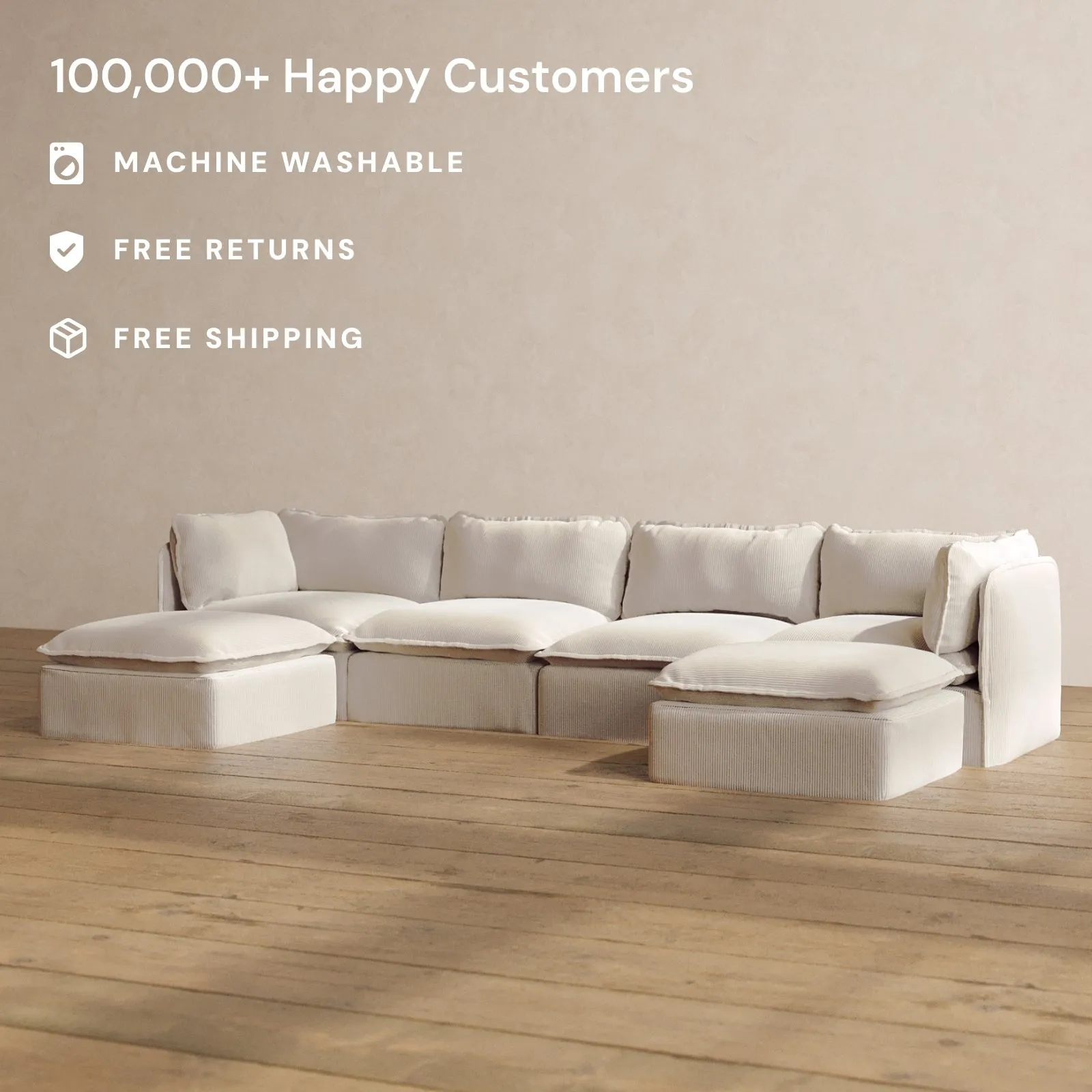 Modular Washable 4-Seater U-Sectional in Milk | Deluxe  Seat | Cloud Pillow