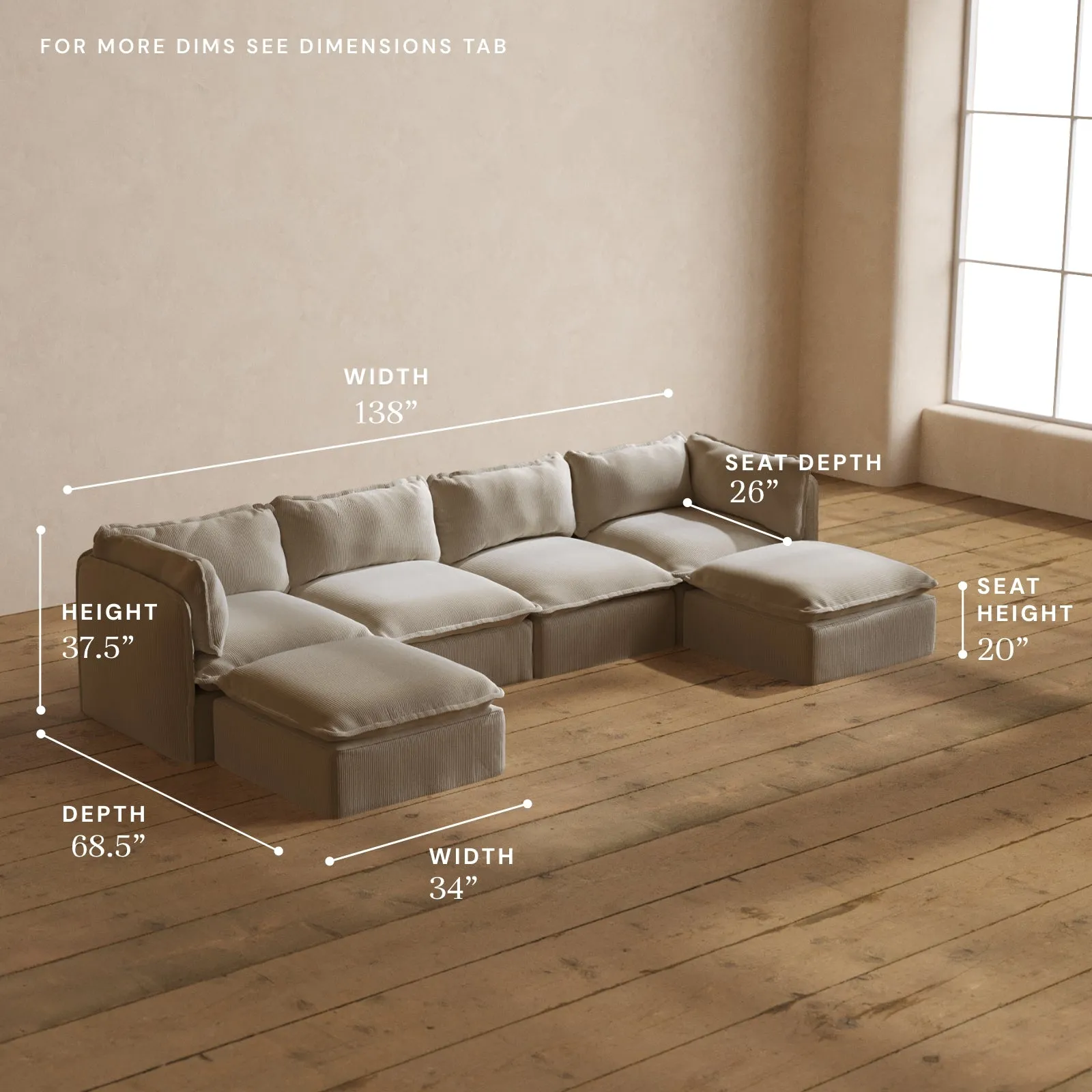 Modular Washable 4-Seater U-Sectional in Milk | Deluxe  Seat | Cloud Pillow