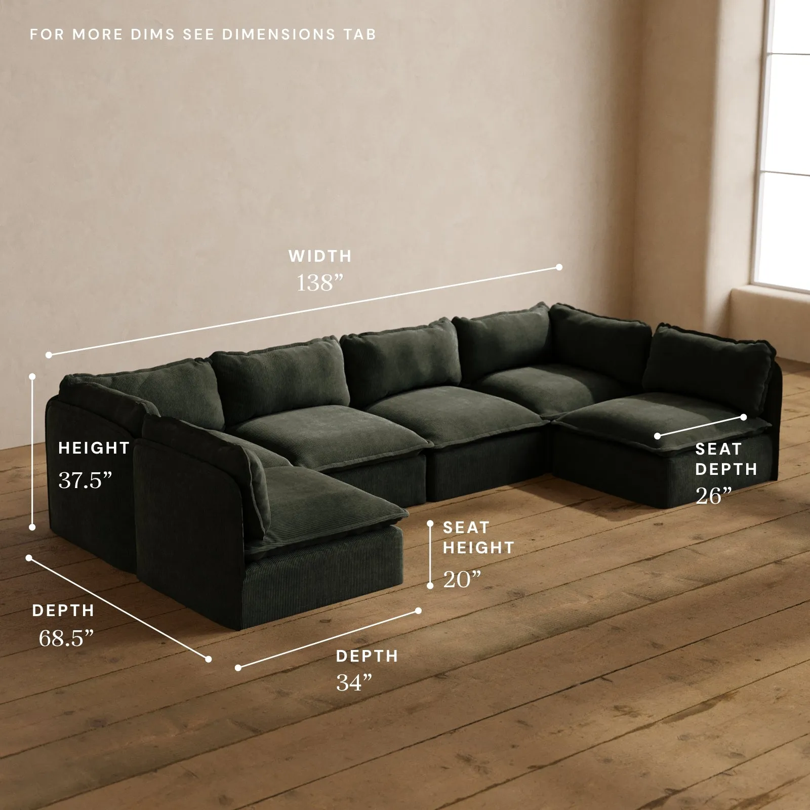 Modular Washable 6-Seater Open-Ends U-Sectional in Olivine | Deluxe  Seat | Cloud Pillow