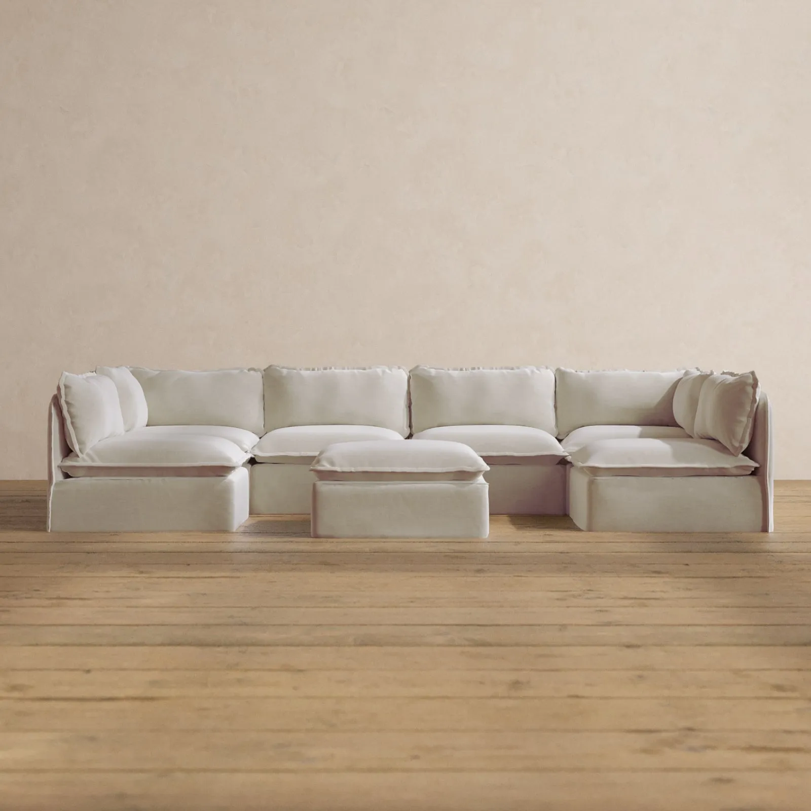 Modular Washable 6-Seater Open-Ends U-Sectional   Ottoman in Coco | Deluxe  Seat | Contour Pillow