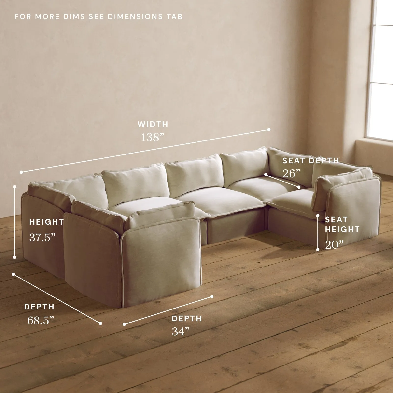 Modular Washable 6-Seater U-Sectional in Coco | Deluxe  Seat | Cloud Pillow