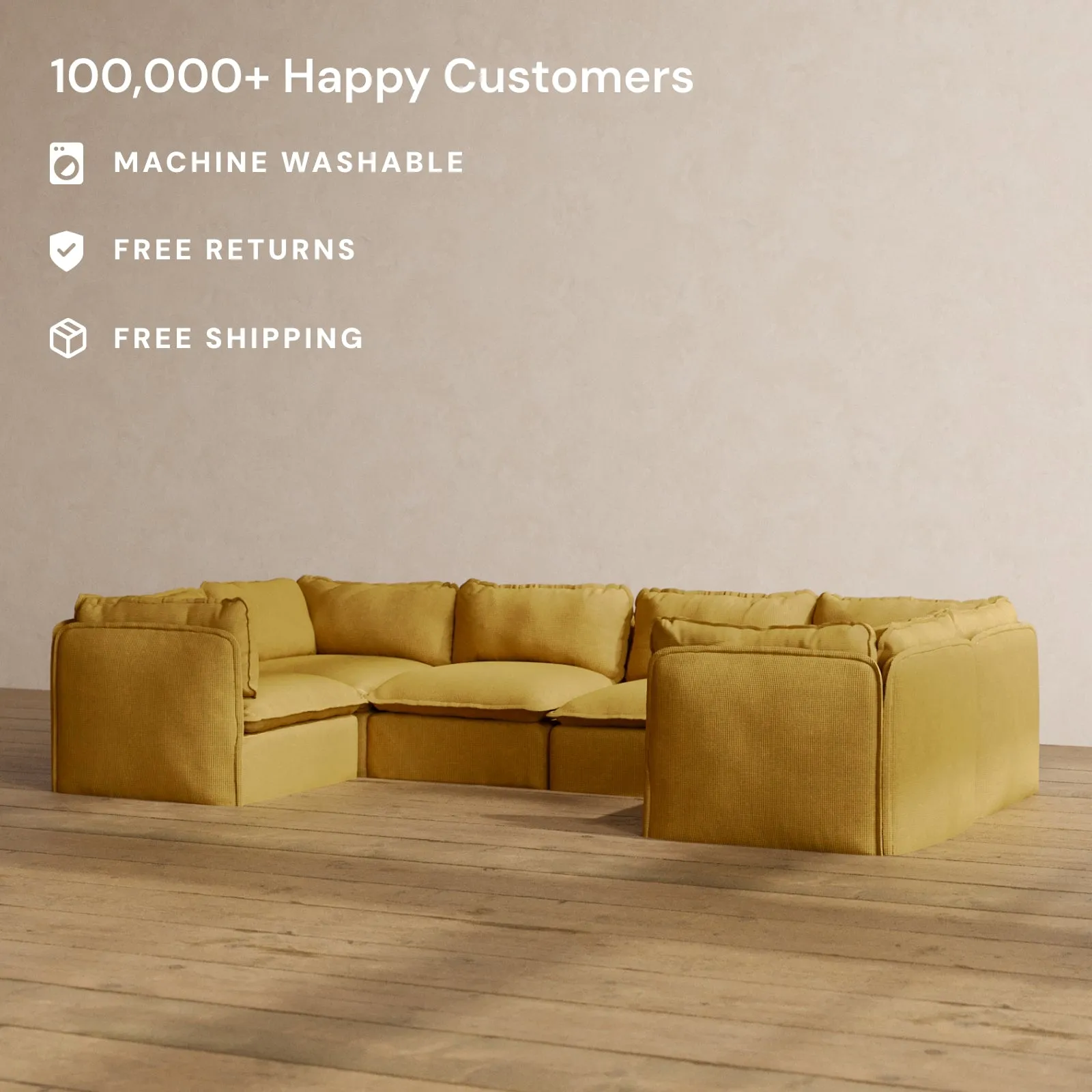 Modular Washable 6-Seater U-Sectional in Kiiro | Deluxe  Seat | Cloud Pillow