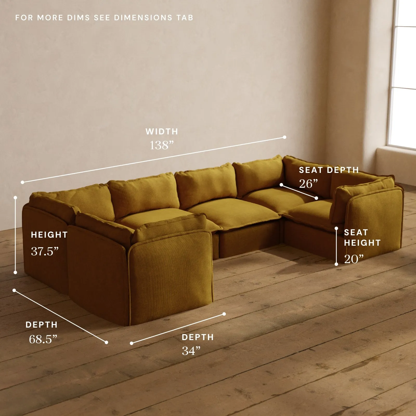 Modular Washable 6-Seater U-Sectional in Kiiro | Deluxe  Seat | Cloud Pillow