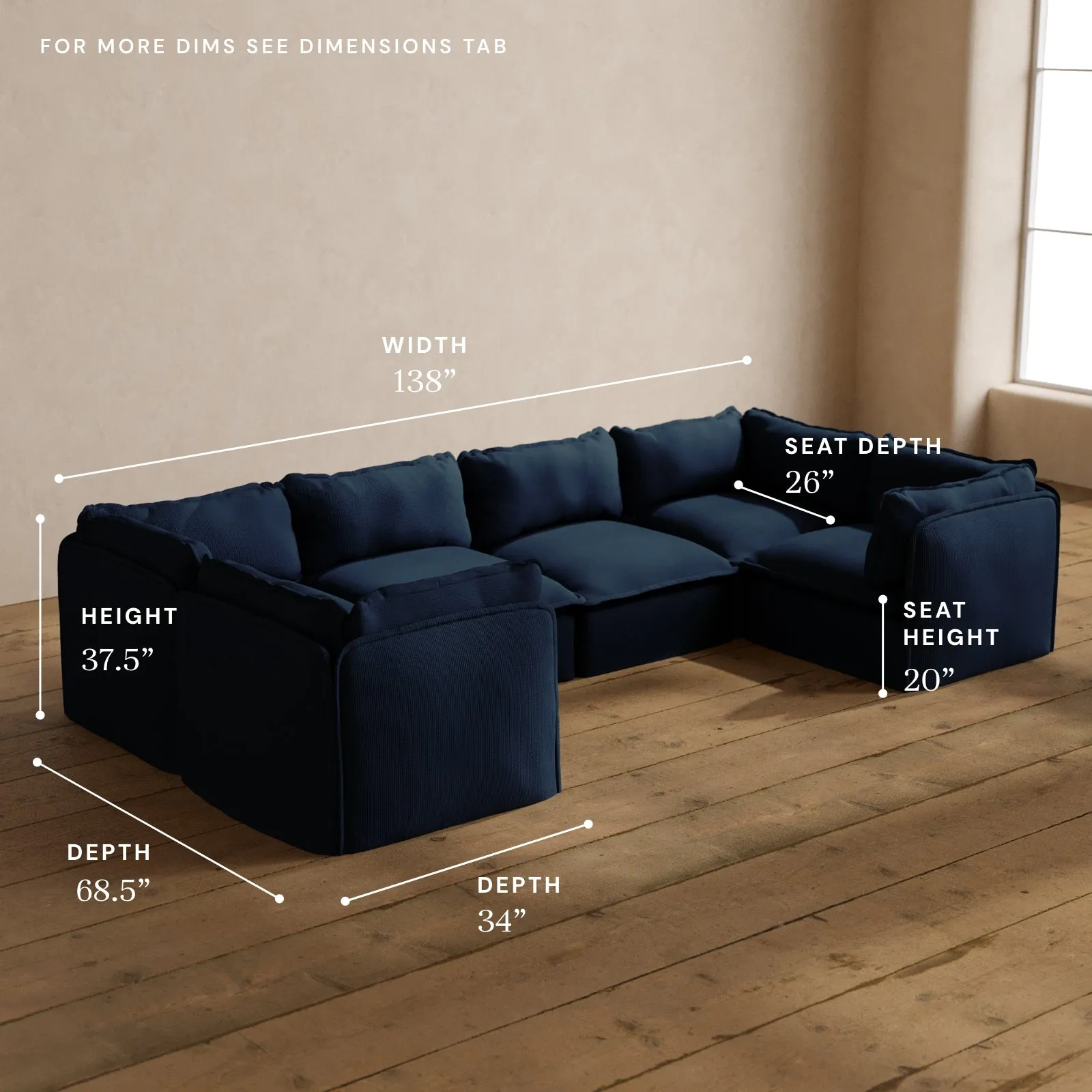 Modular Washable 6-Seater U-Sectional in Sumi | Deluxe  Seat | Cloud Pillow