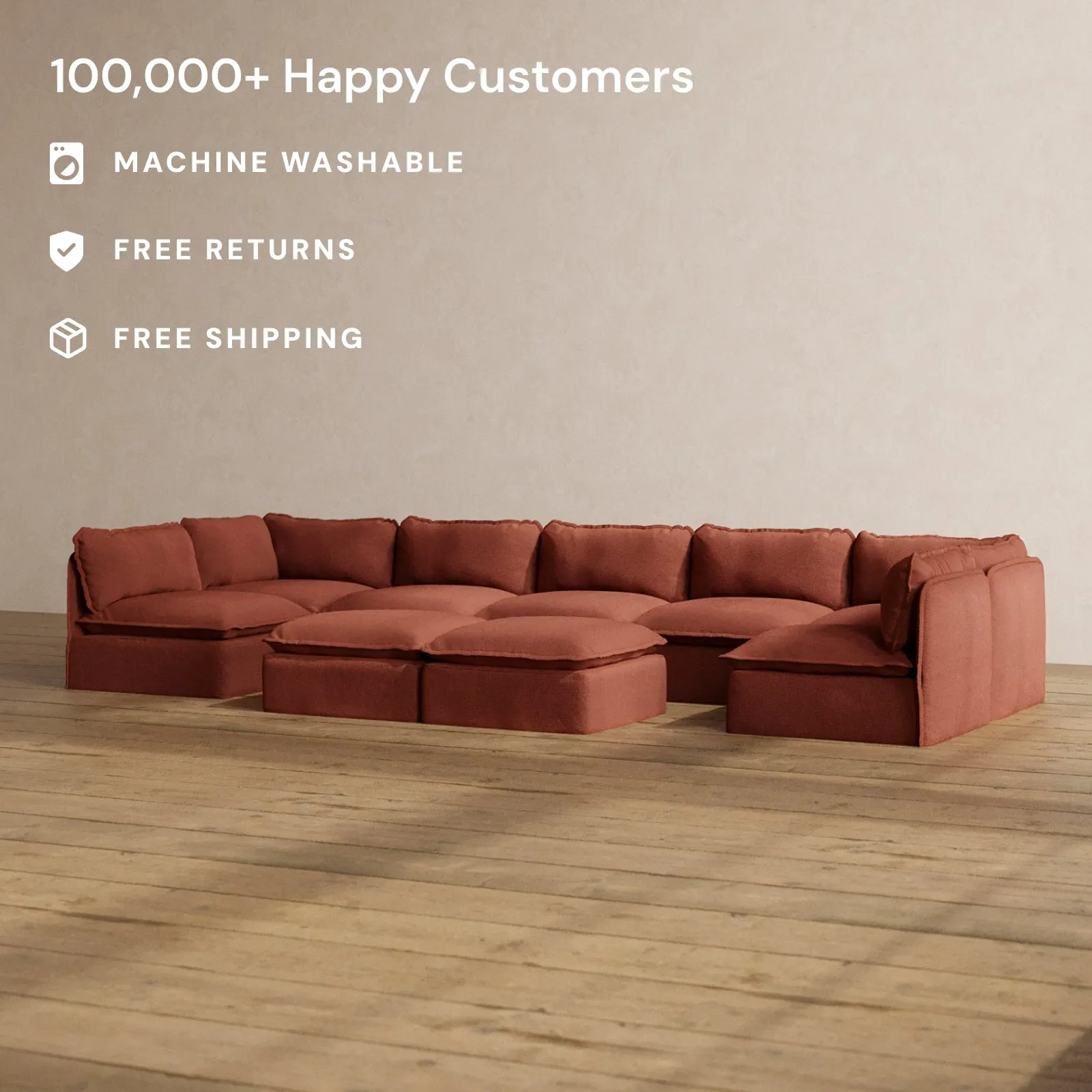 Modular Washable 7-Seater Open-Ends U-Sectional   Bench Ottoman in Rust | Deluxe  Seat | Cloud Pillow