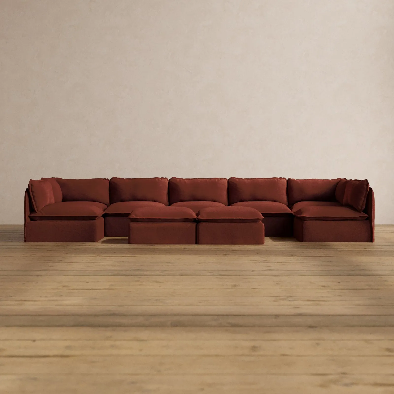 Modular Washable 7-Seater Open-Ends U-Sectional   Bench Ottoman in Rust | Deluxe  Seat | Cloud Pillow