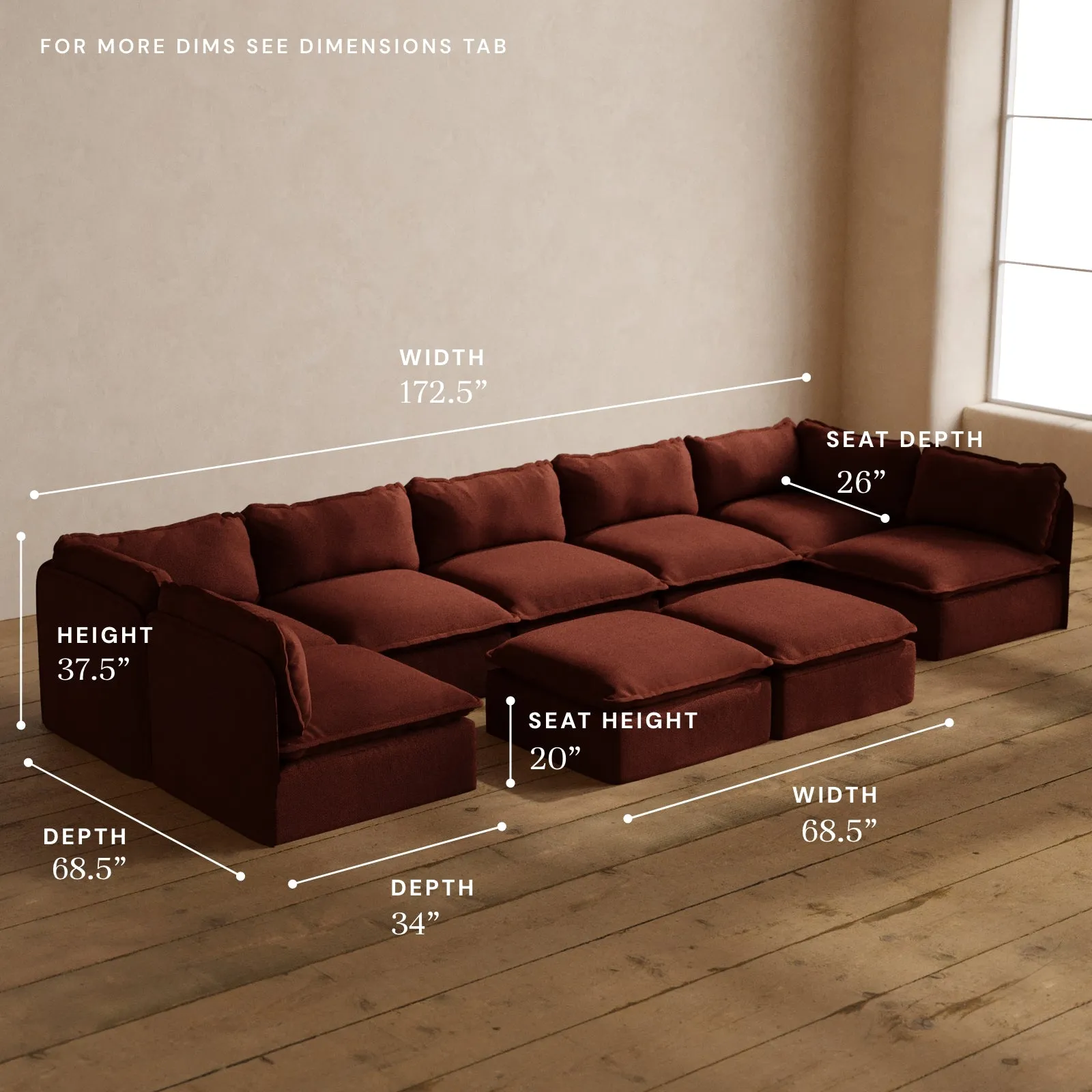 Modular Washable 7-Seater Open-Ends U-Sectional   Bench Ottoman in Rust | Deluxe  Seat | Cloud Pillow