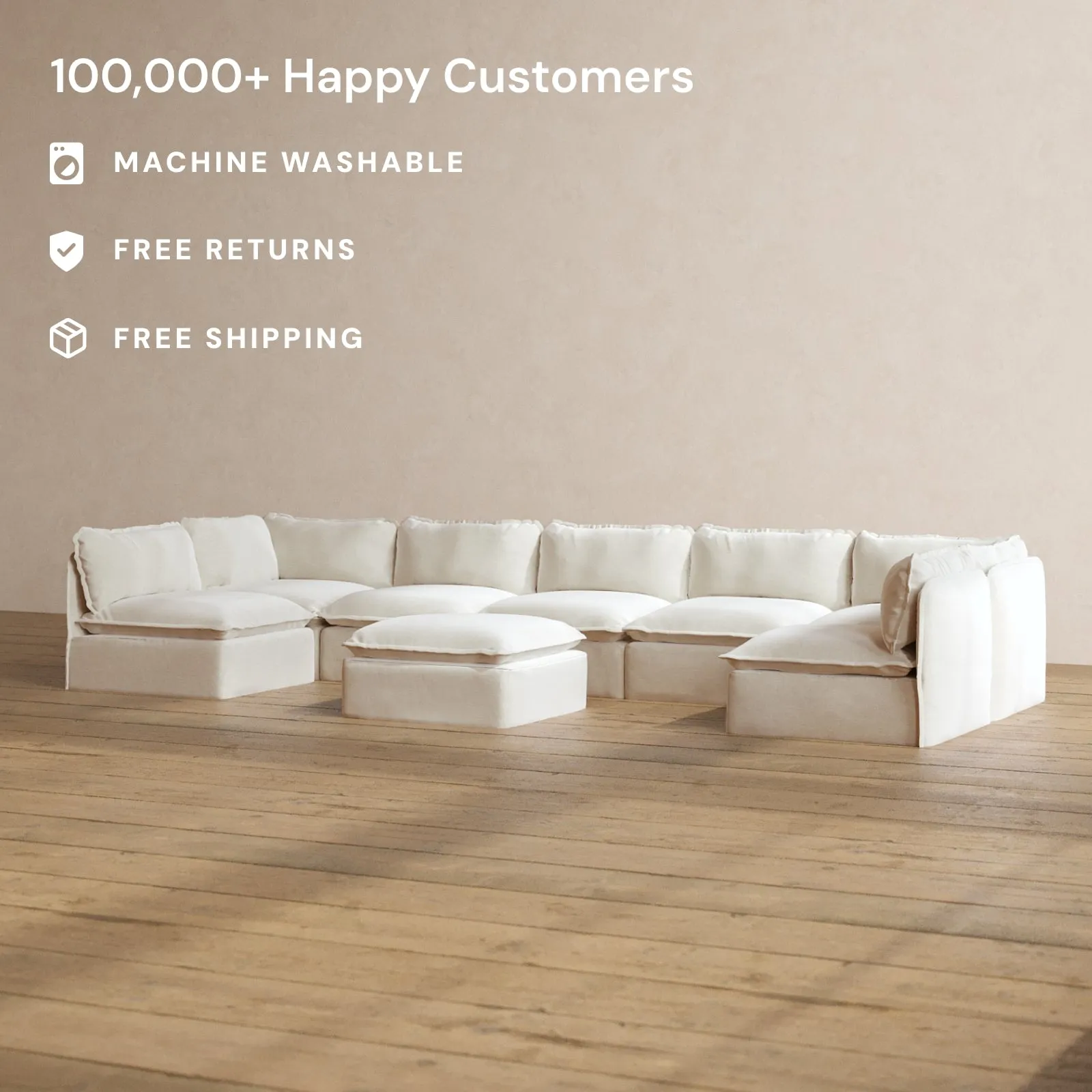 Modular Washable 7-Seater Open-Ends U-Sectional   Ottoman in Coco | Deluxe  Seat | Cloud Pillow