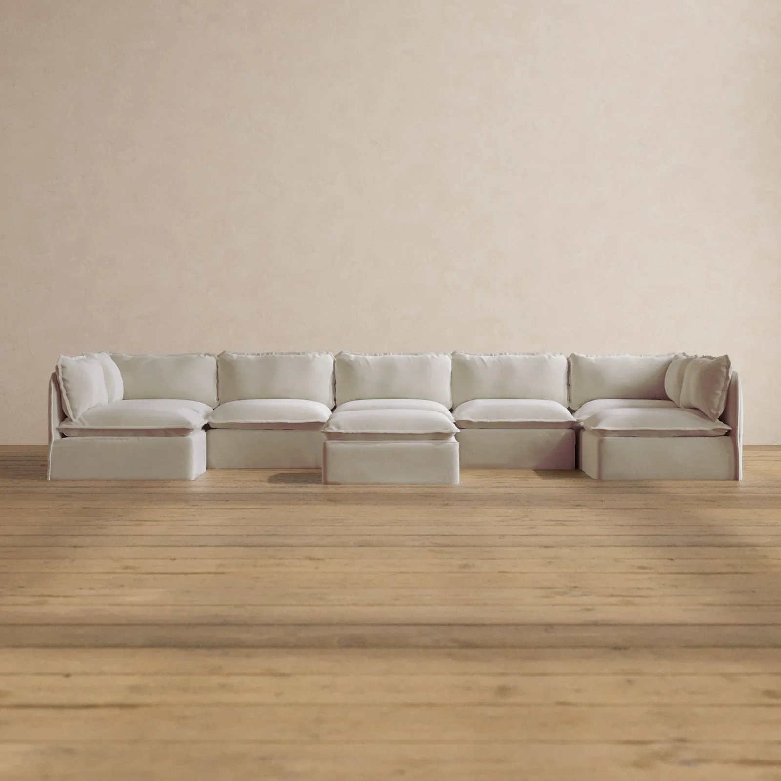 Modular Washable 7-Seater Open-Ends U-Sectional   Ottoman in Coco | Deluxe  Seat | Cloud Pillow