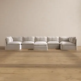 Modular Washable 7-Seater Open-Ends U-Sectional   Ottoman in Mist | Deluxe  Seat | Cloud Pillow