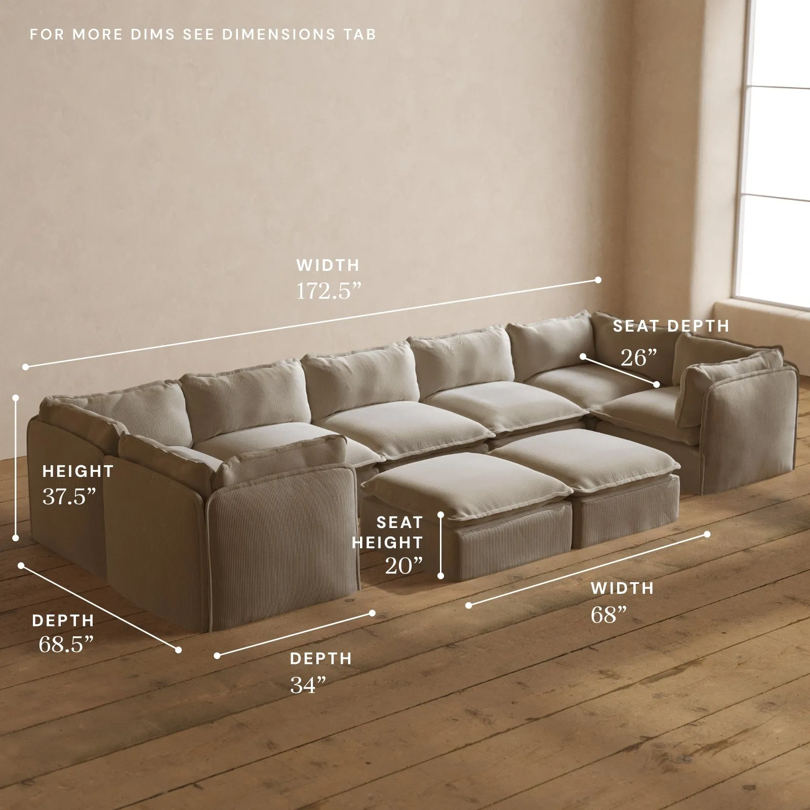 Modular Washable 7-Seater U-Sectional   Bench Ottoman in Milk | Deluxe  Seat | Cloud Pillow