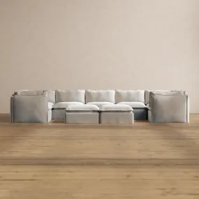 Modular Washable 7-Seater U-Sectional   Bench Ottoman in Milk | Deluxe  Seat | Cloud Pillow