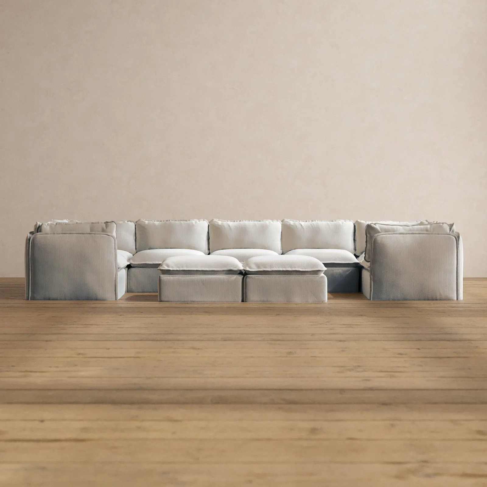 Modular Washable 7-Seater U-Sectional   Bench Ottoman in Milk | Deluxe  Seat | Cloud Pillow