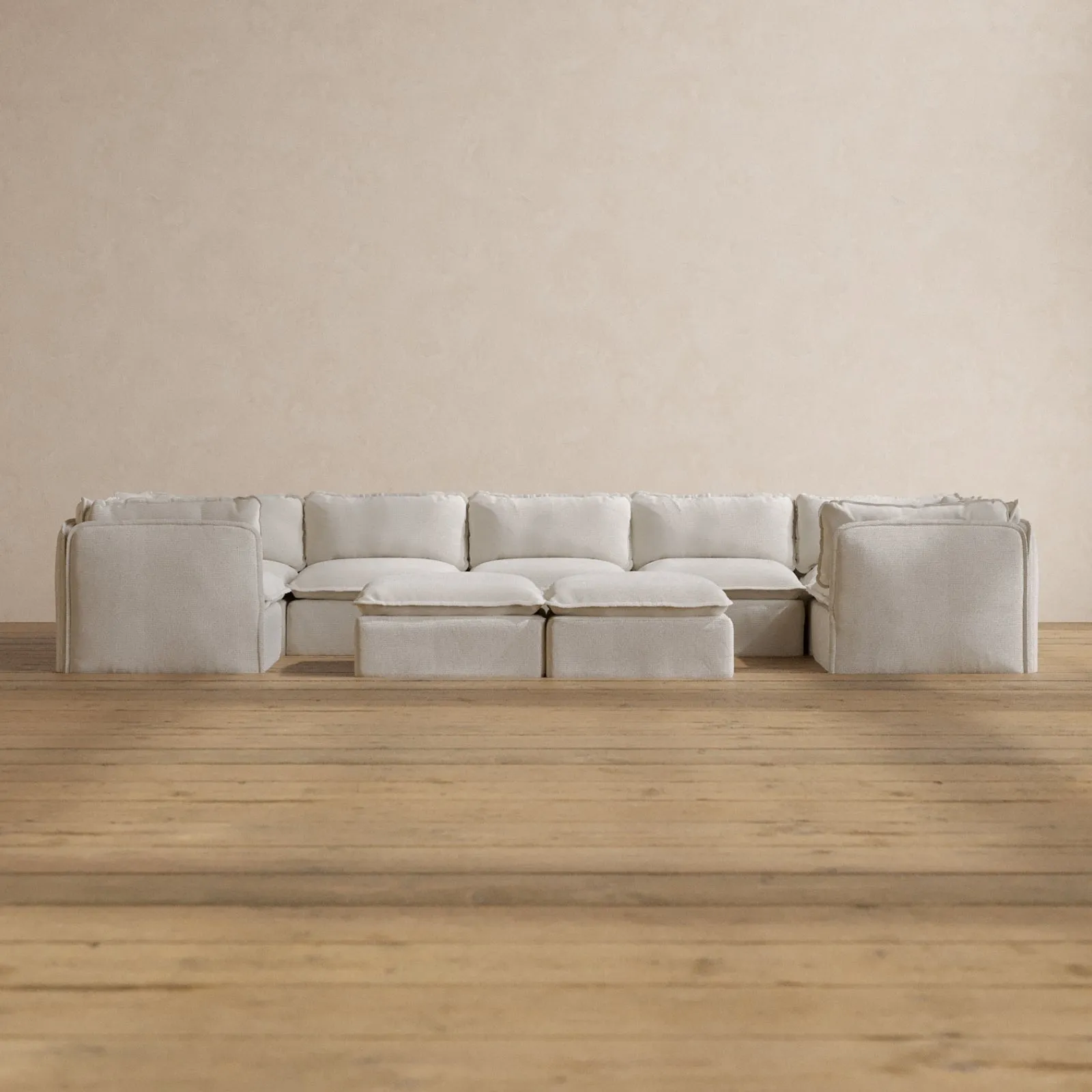 Modular Washable 7-Seater U-Sectional   Bench Ottoman in Powder | Deluxe  Seat | Cloud Pillow