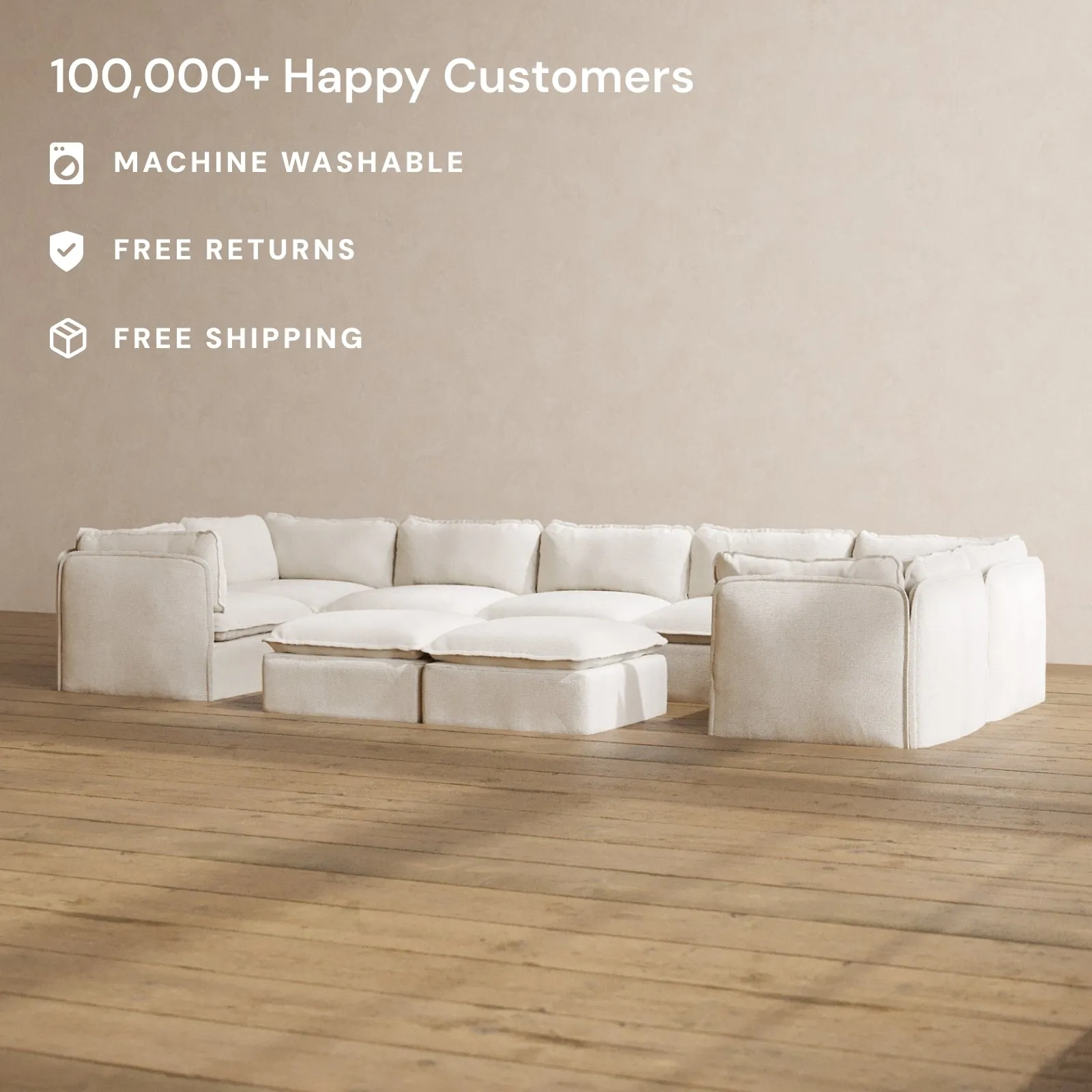 Modular Washable 7-Seater U-Sectional   Bench Ottoman in Powder | Deluxe  Seat | Cloud Pillow