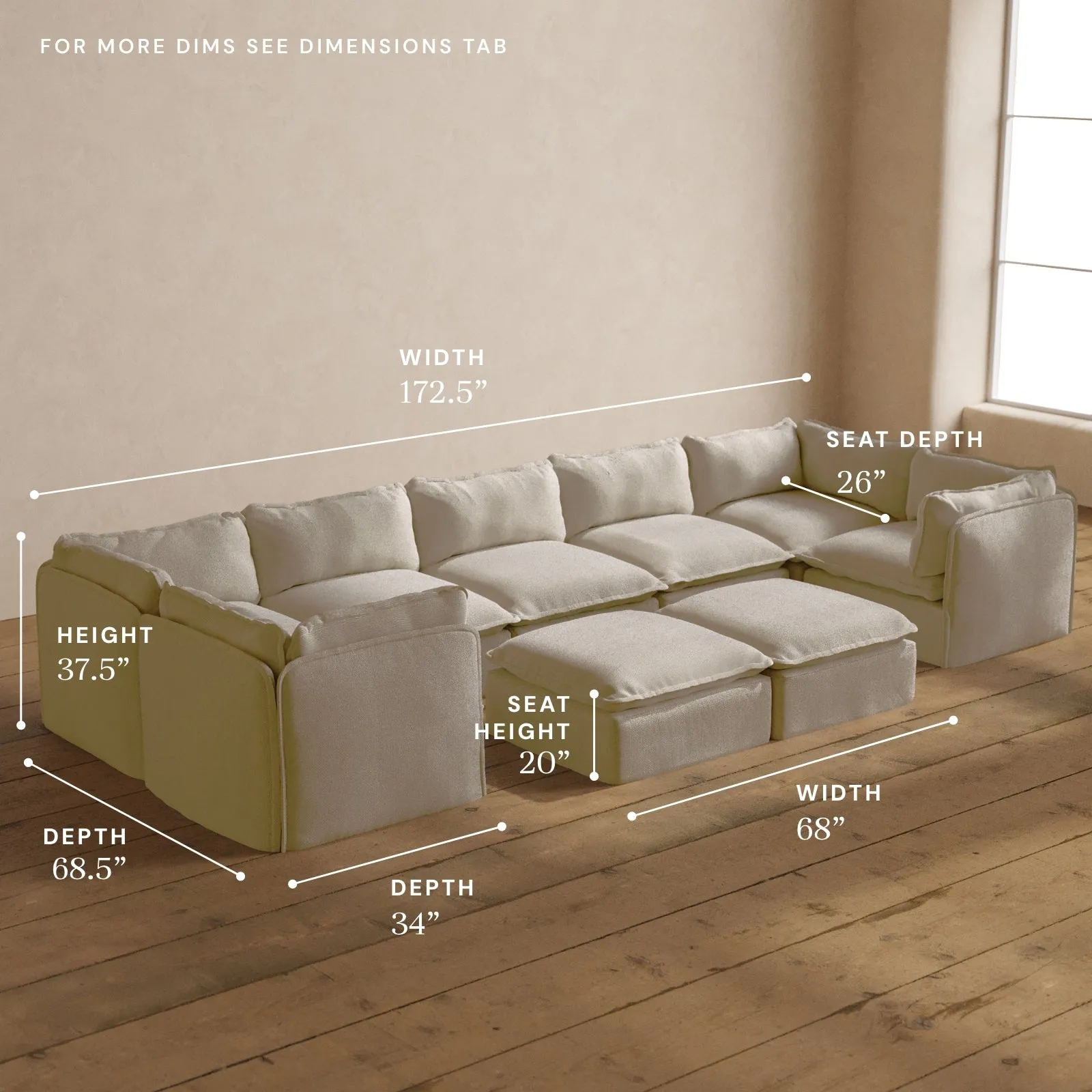 Modular Washable 7-Seater U-Sectional   Bench Ottoman in Powder | Deluxe  Seat | Cloud Pillow