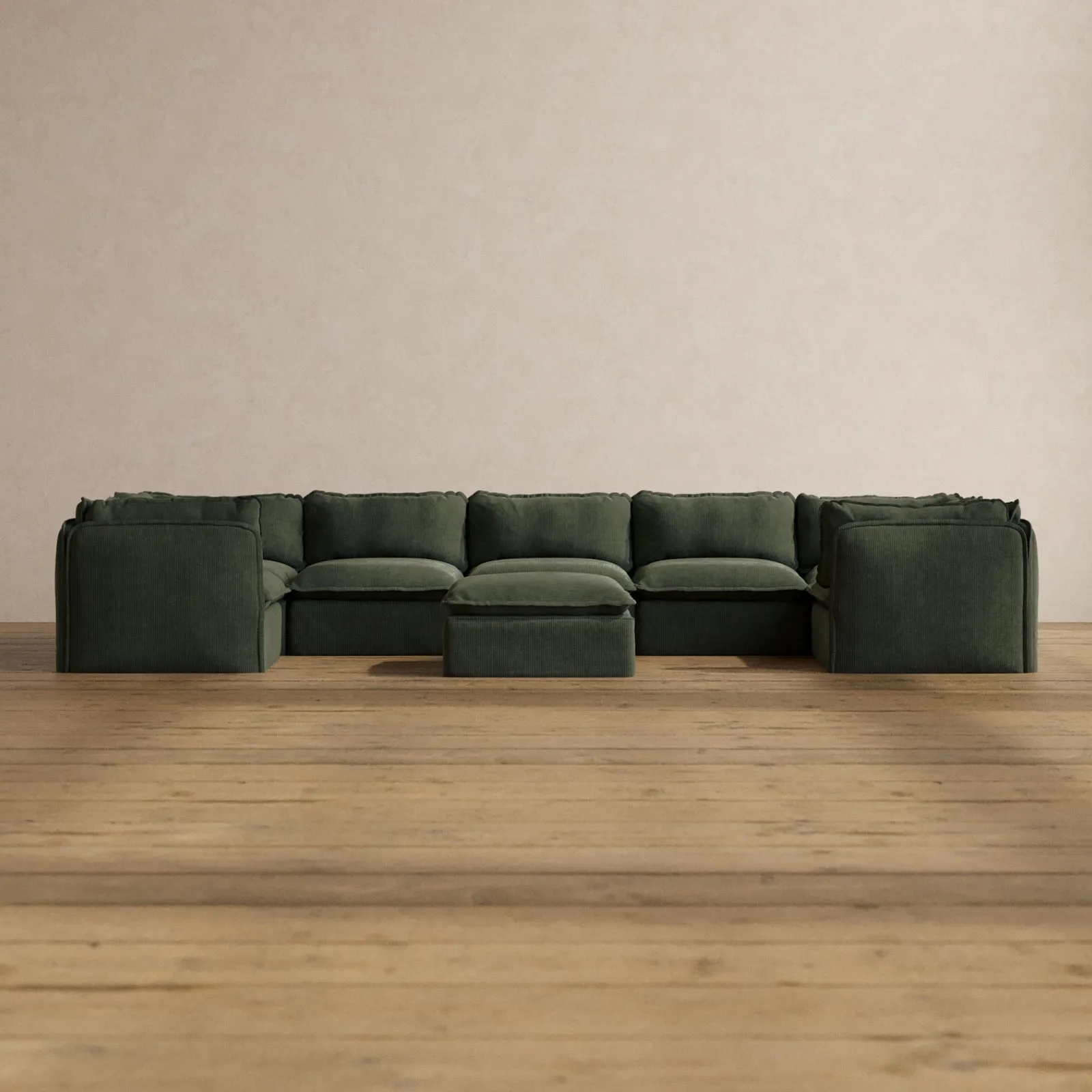 Modular Washable 7-Seater U-Sectional   Ottoman in Olivine | Deluxe  Seat | Cloud Pillow