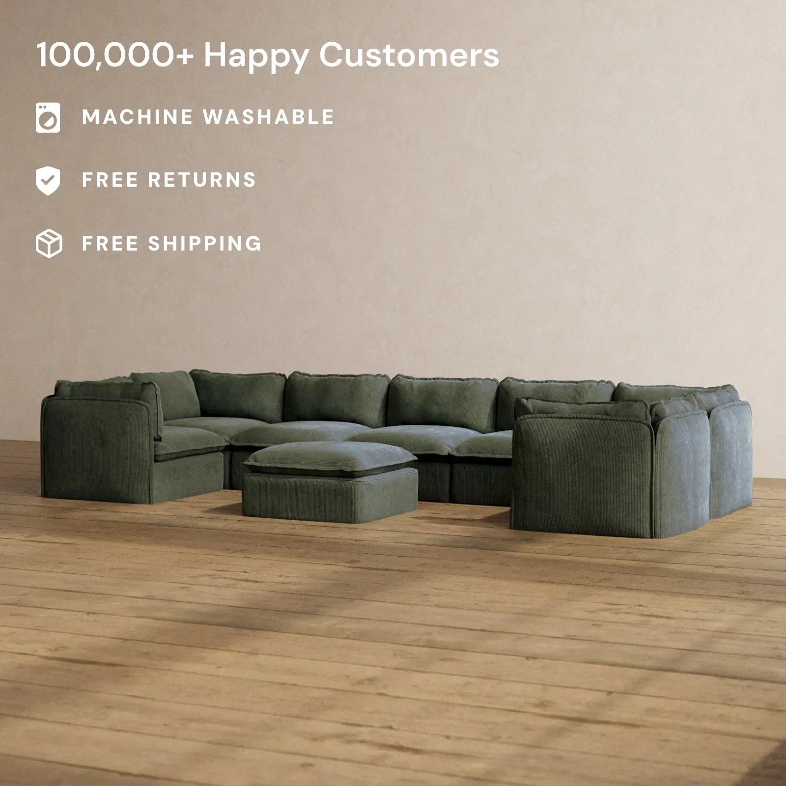 Modular Washable 7-Seater U-Sectional   Ottoman in Olivine | Deluxe  Seat | Cloud Pillow