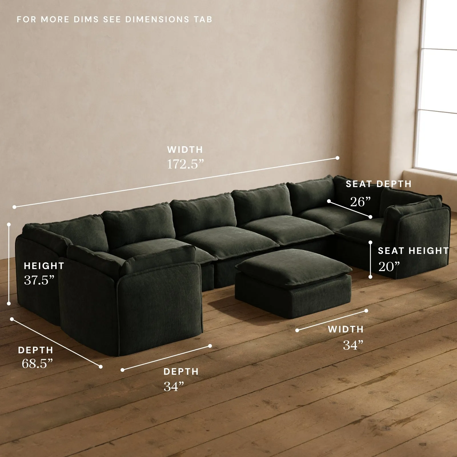Modular Washable 7-Seater U-Sectional   Ottoman in Olivine | Deluxe  Seat | Cloud Pillow