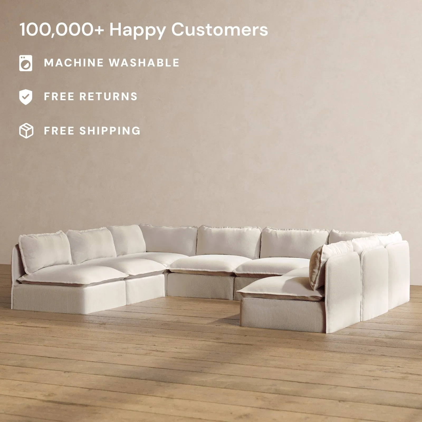 Modular Washable 8-Seater Open-Ends U-Sectional in Milk | Deluxe  Seat | Cloud Pillow