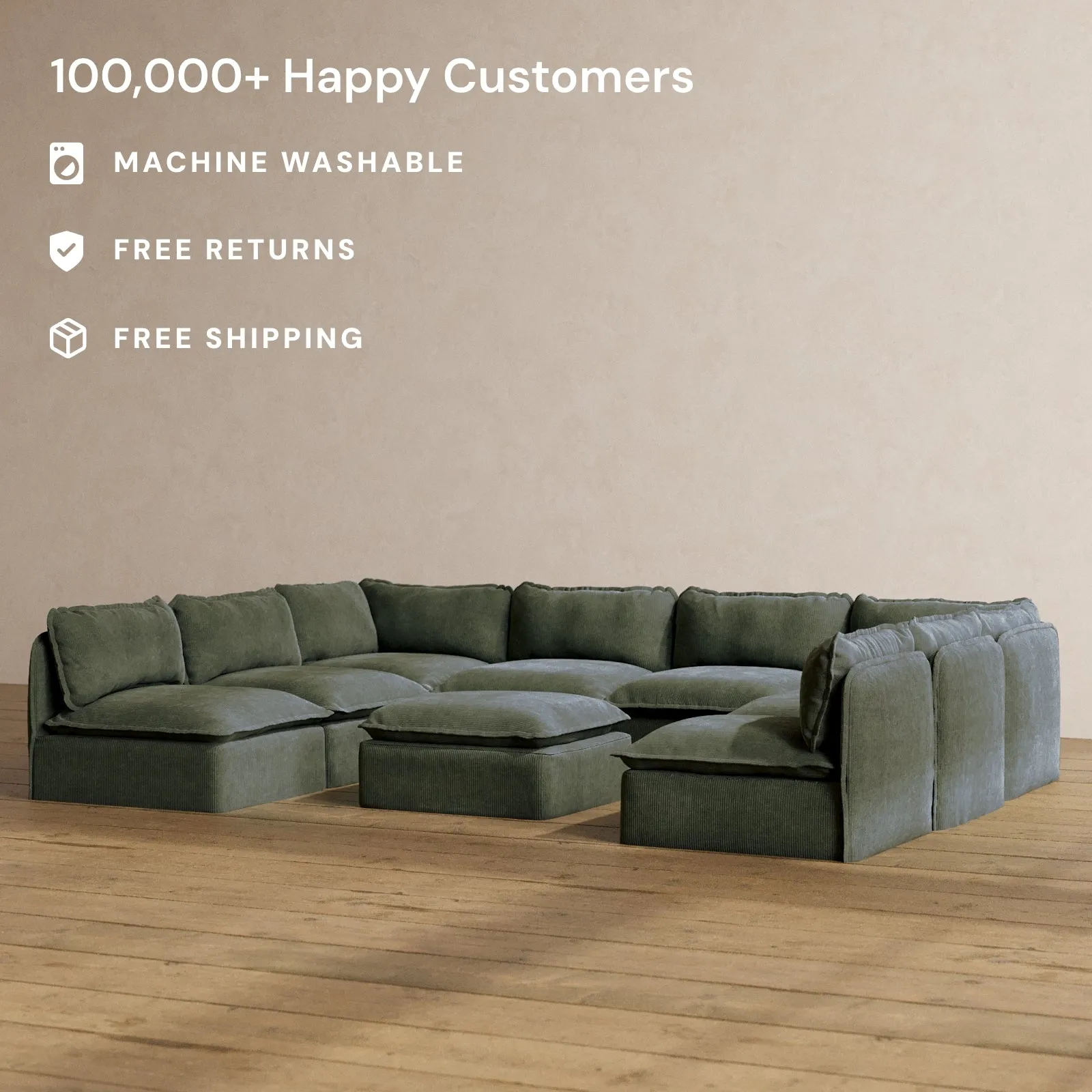 Modular Washable 8-Seater Open-Ends U-Sectional   Ottoman in Olivine | Deluxe  Seat | Cloud Pillow