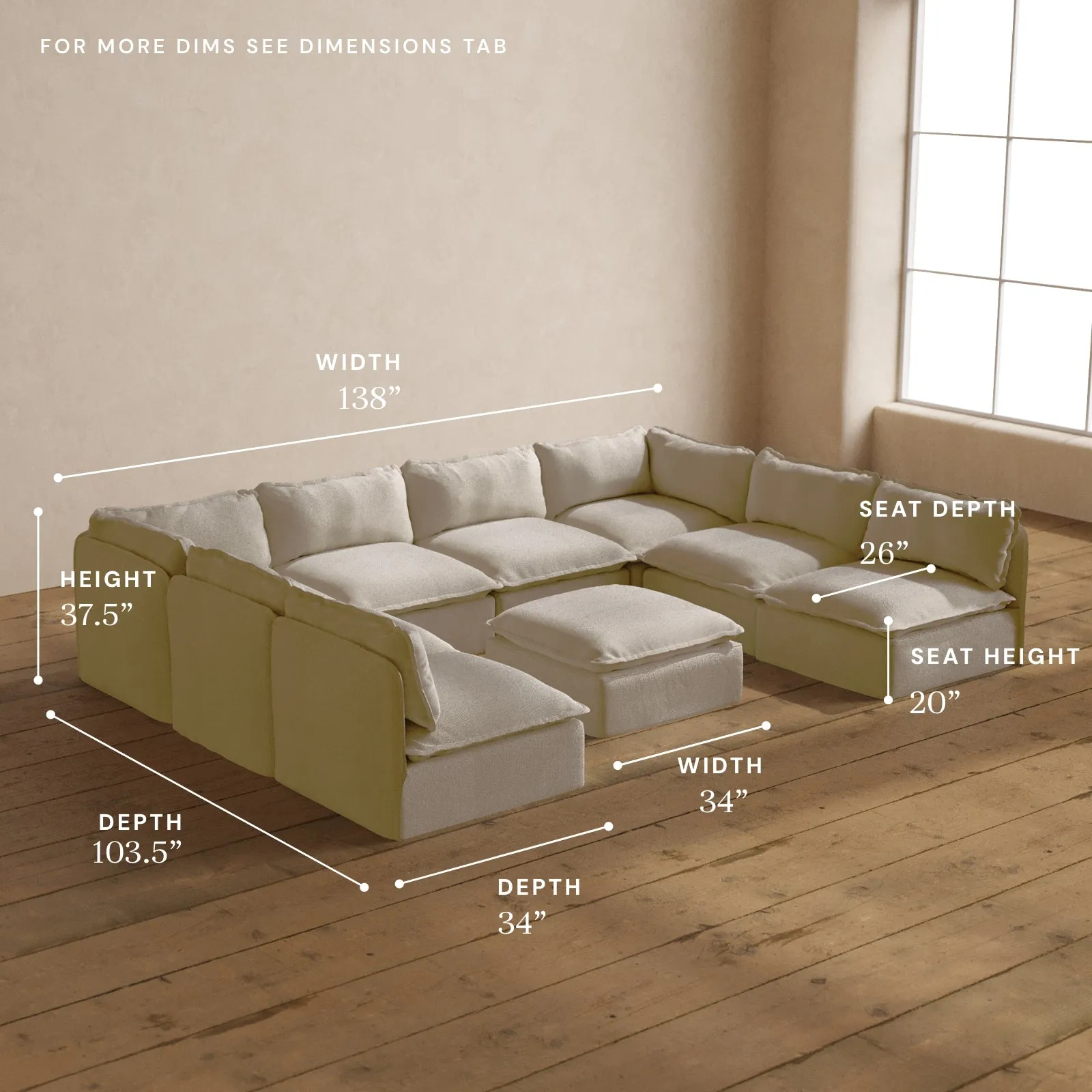 Modular Washable 8-Seater Open-Ends U-Sectional   Ottoman in Powder | Deluxe  Seat | Cloud Pillow