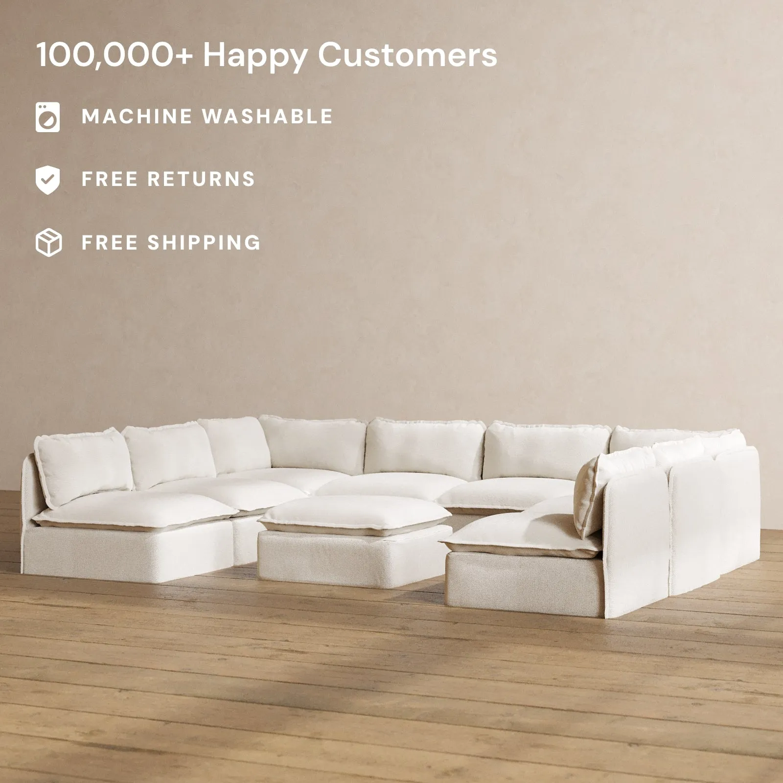 Modular Washable 8-Seater Open-Ends U-Sectional   Ottoman in Powder | Deluxe  Seat | Cloud Pillow