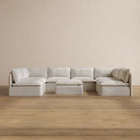 Modular Washable 8-Seater Open-Ends U-Sectional   Ottoman in Powder | Deluxe  Seat | Cloud Pillow
