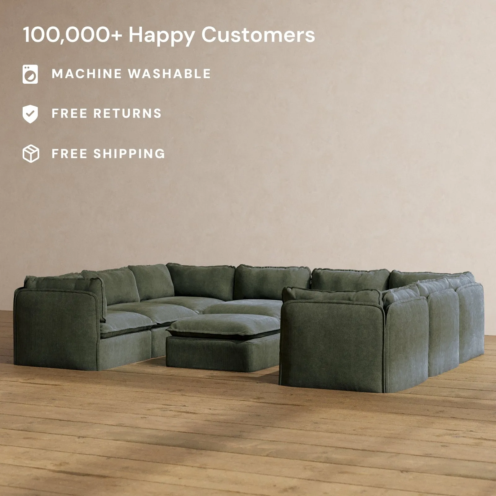 Modular Washable 8-Seater U-Sectional   Ottoman in Olivine | Deluxe  Seat | Cloud Pillow