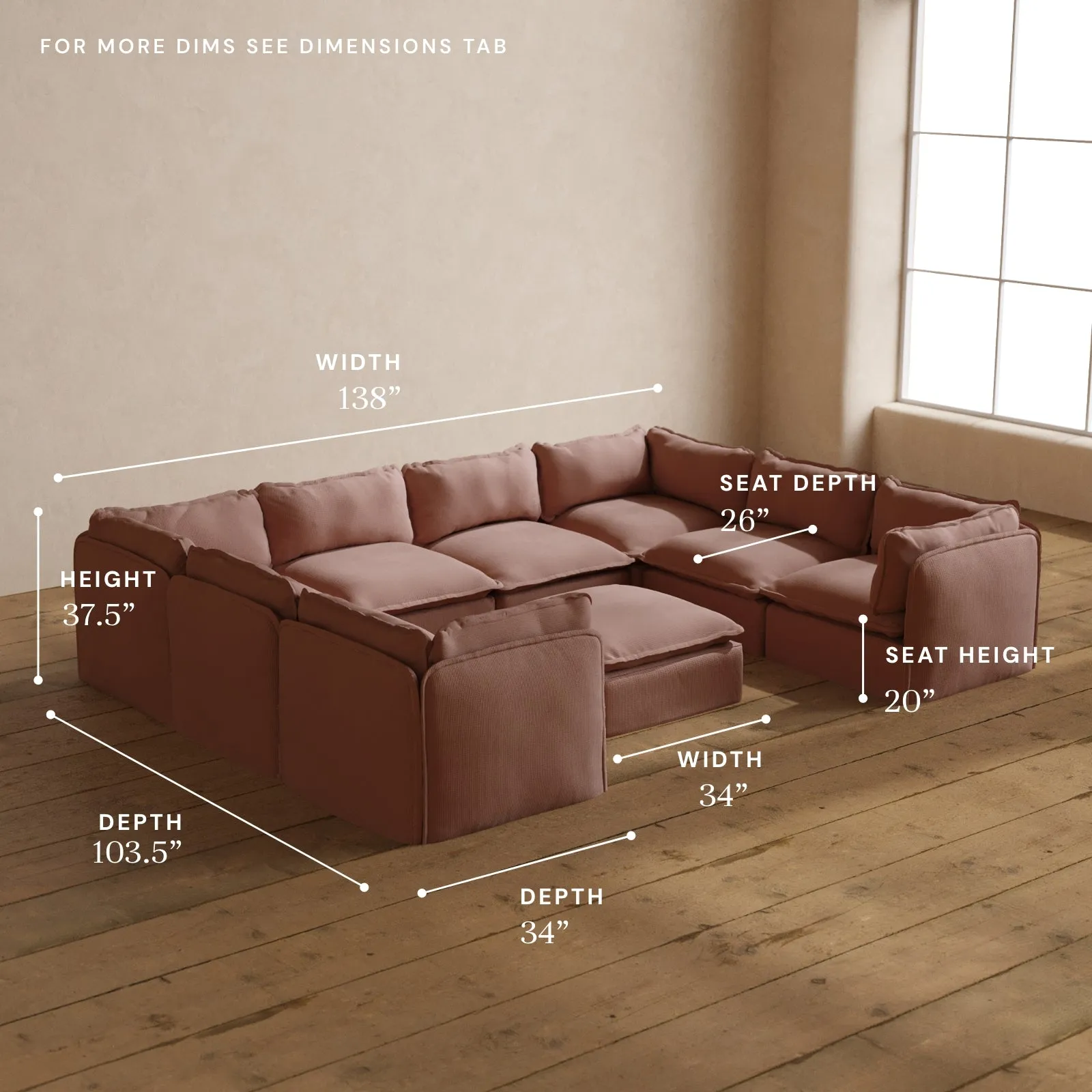 Modular Washable 8-Seater U-Sectional   Ottoman in Sakura | Deluxe  Seat | Cloud Pillow