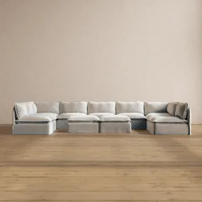 Modular Washable 9-Seater Open-Ends U-Sectional   Bench Ottoman in Milk | Deluxe  Seat | Cloud Pillow