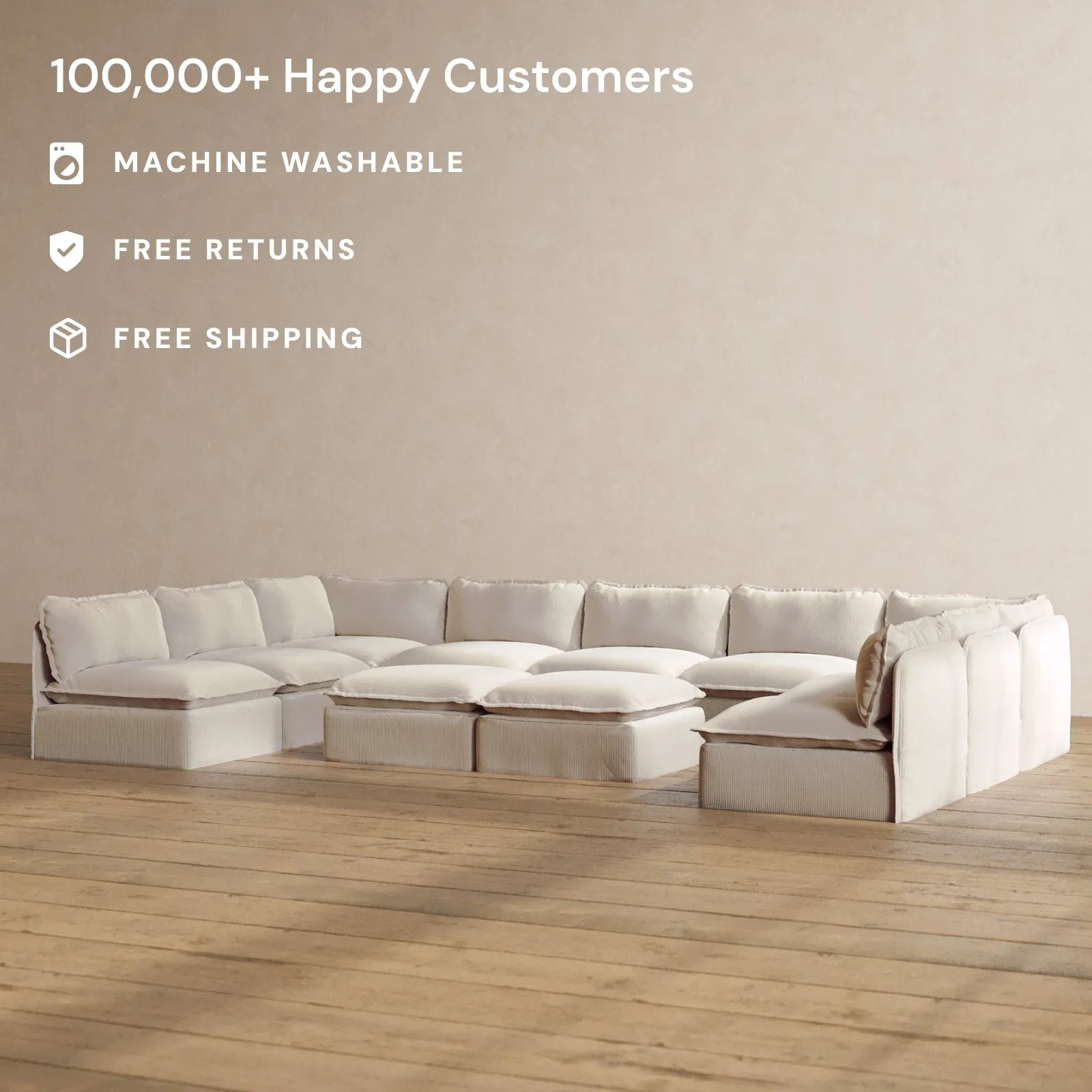 Modular Washable 9-Seater Open-Ends U-Sectional   Bench Ottoman in Milk | Deluxe  Seat | Cloud Pillow